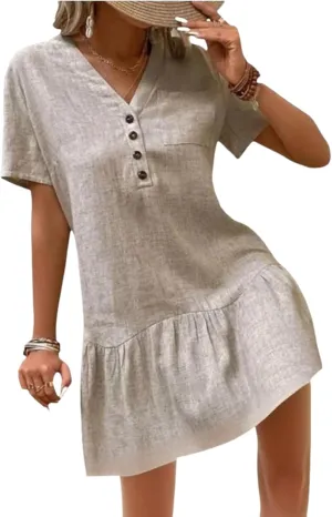 Women 2025 Summer Causal Simple Brown V Neck Short Sleeve Solid Color Ruffle A-Line Going Out Beach Mini Dress