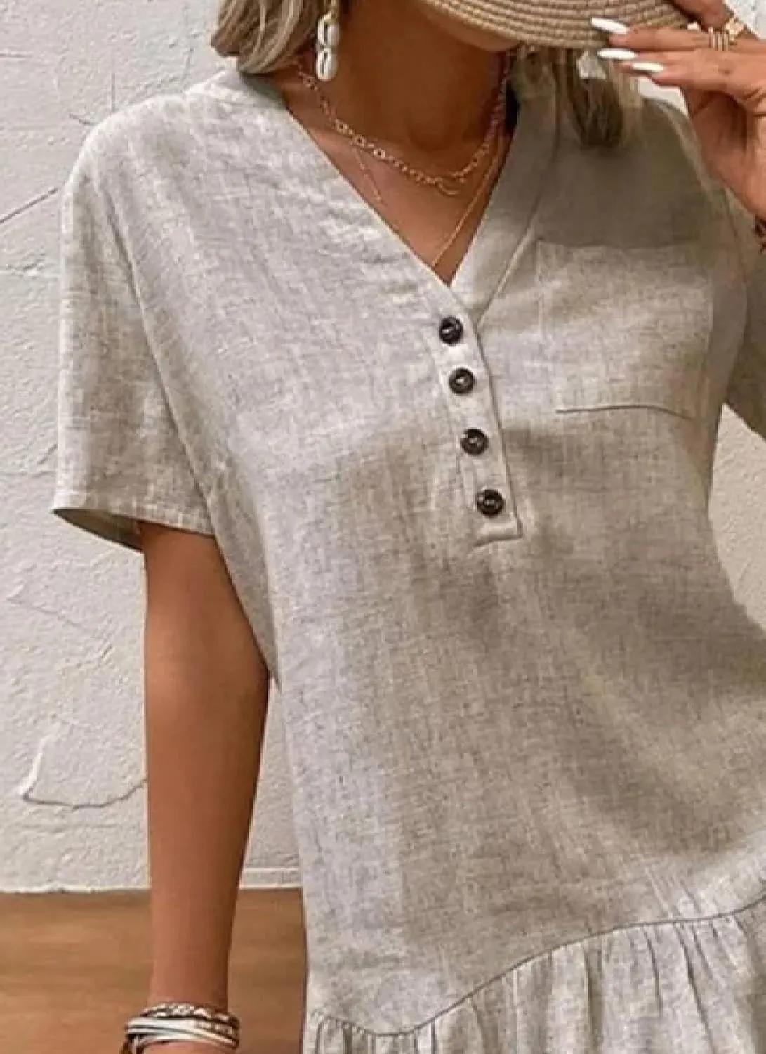 Women 2025 Summer Causal Simple Brown V Neck Short Sleeve Solid Color Ruffle A-Line Going Out Beach Mini Dress