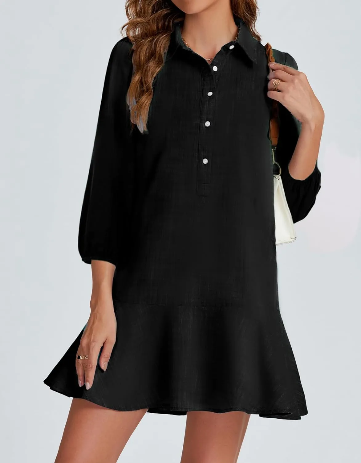 Women Button Down Dress Casual 3/4 Puff Sleeve Cotton Linen Dress Flowy Ruffle Hem Tunic Shirt Dresses