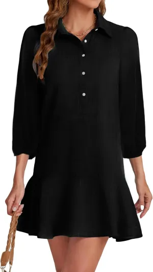 Women Button Down Dress Casual 3/4 Puff Sleeve Cotton Linen Dress Flowy Ruffle Hem Tunic Shirt Dresses