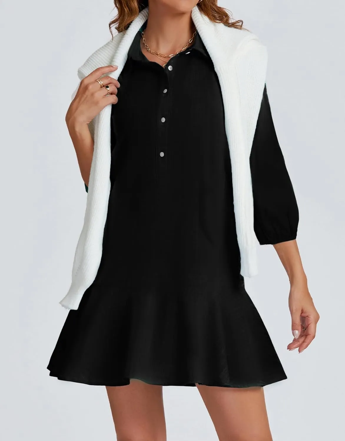 Women Button Down Dress Casual 3/4 Puff Sleeve Cotton Linen Dress Flowy Ruffle Hem Tunic Shirt Dresses