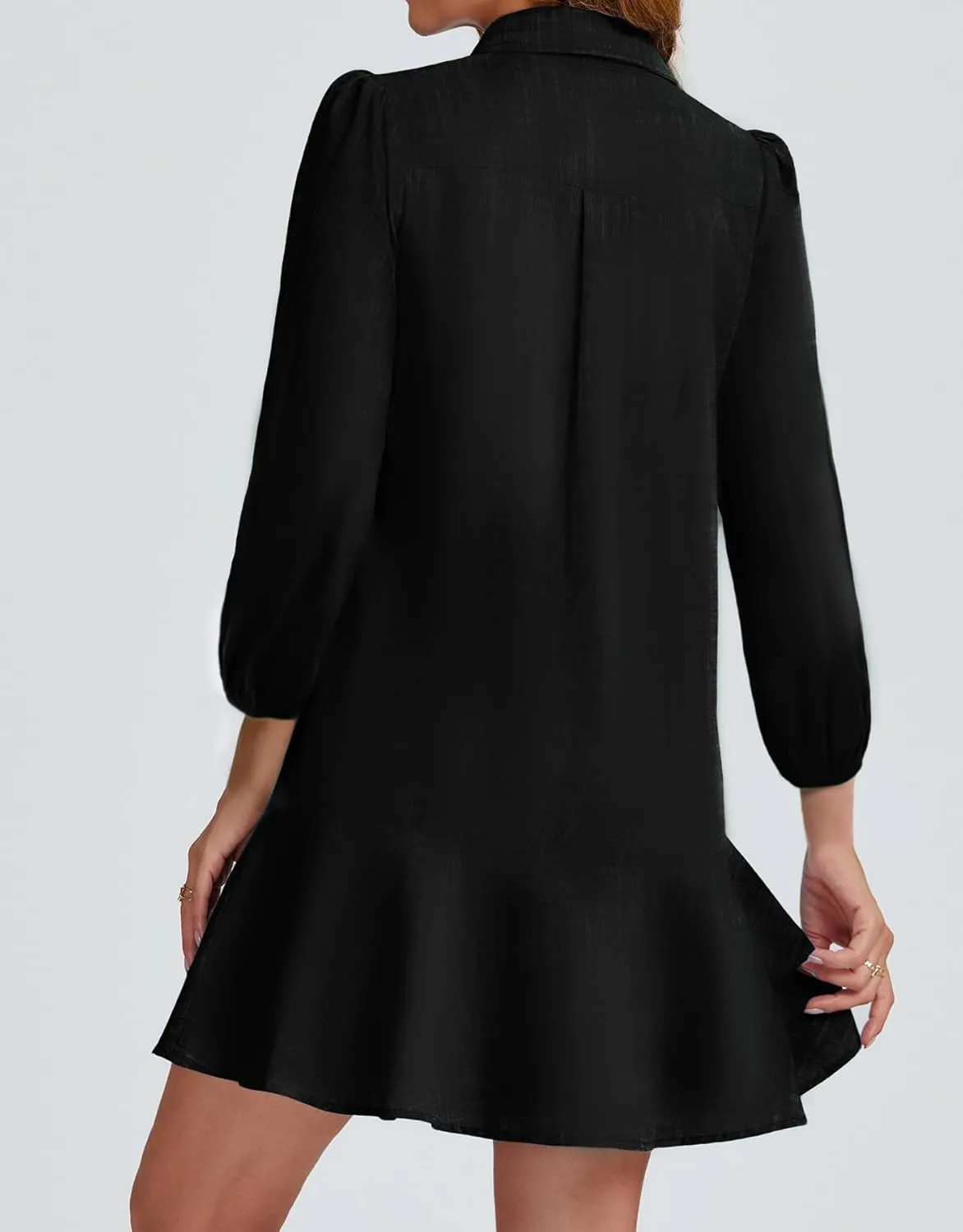 Women Button Down Dress Casual 3/4 Puff Sleeve Cotton Linen Dress Flowy Ruffle Hem Tunic Shirt Dresses