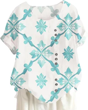 Women Casual Floral Printed Short Sleeve Crewneck Blouse Summer Loose Fit Pullover Tops Graphic Button Design Shirts