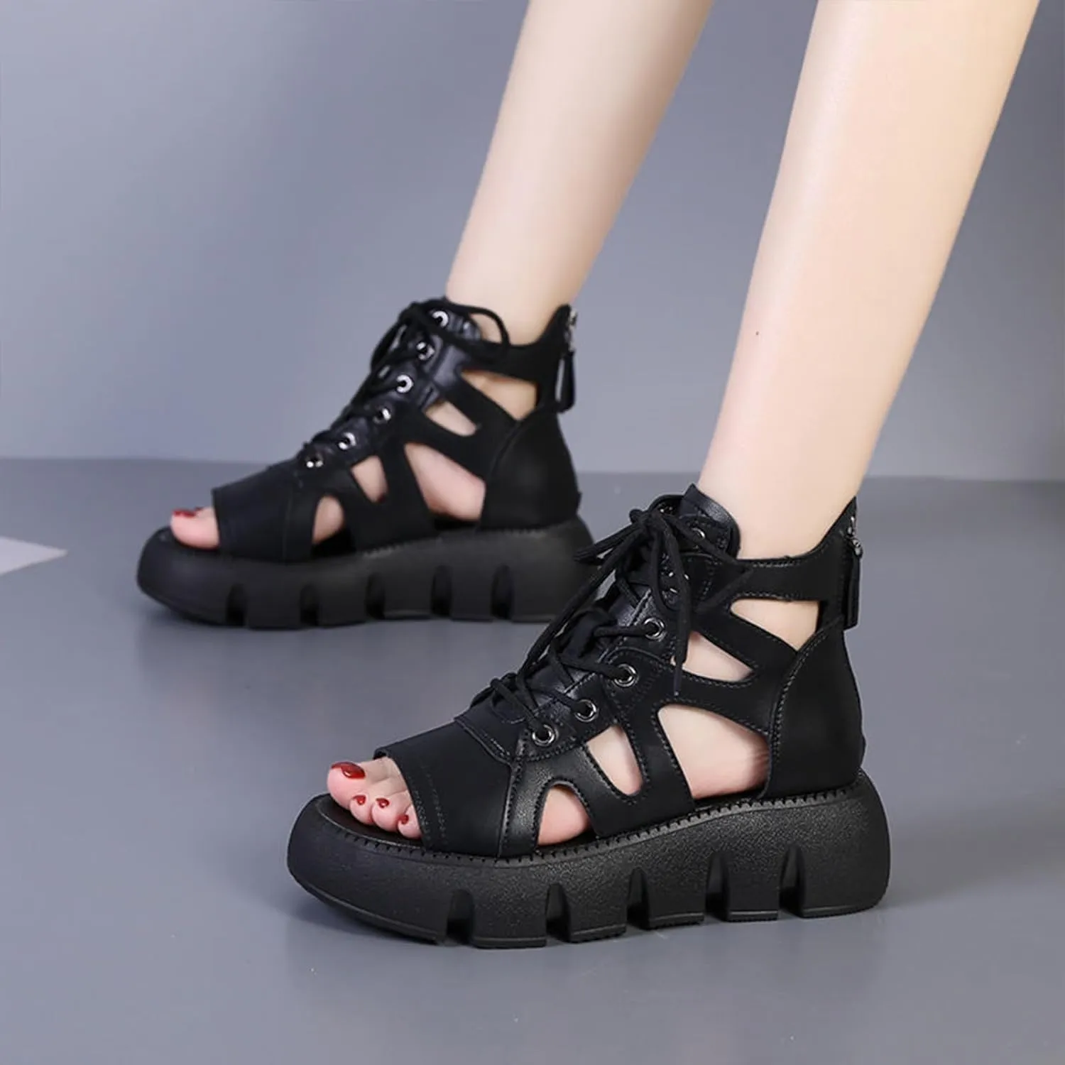 Women Fashion Leather Platform Gladiator Sandals with Back Zipper Lace Up Comfort Slip On High-Top Open Toe Cutout Boot Sandals Lug Sole Wedge Heel Roman Beach Sandals