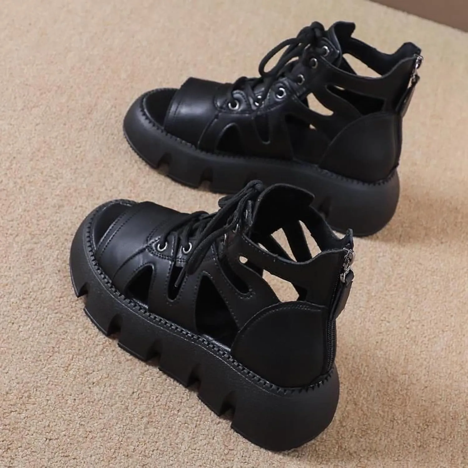 Women Fashion Leather Platform Gladiator Sandals with Back Zipper Lace Up Comfort Slip On High-Top Open Toe Cutout Boot Sandals Lug Sole Wedge Heel Roman Beach Sandals