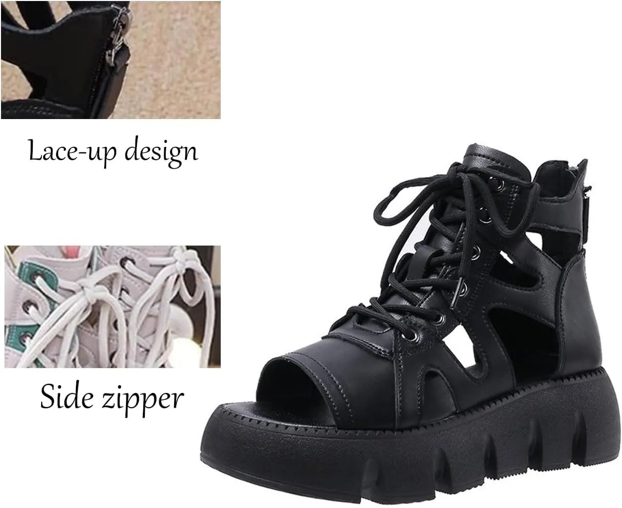 Women Fashion Leather Platform Gladiator Sandals with Back Zipper Lace Up Comfort Slip On High-Top Open Toe Cutout Boot Sandals Lug Sole Wedge Heel Roman Beach Sandals