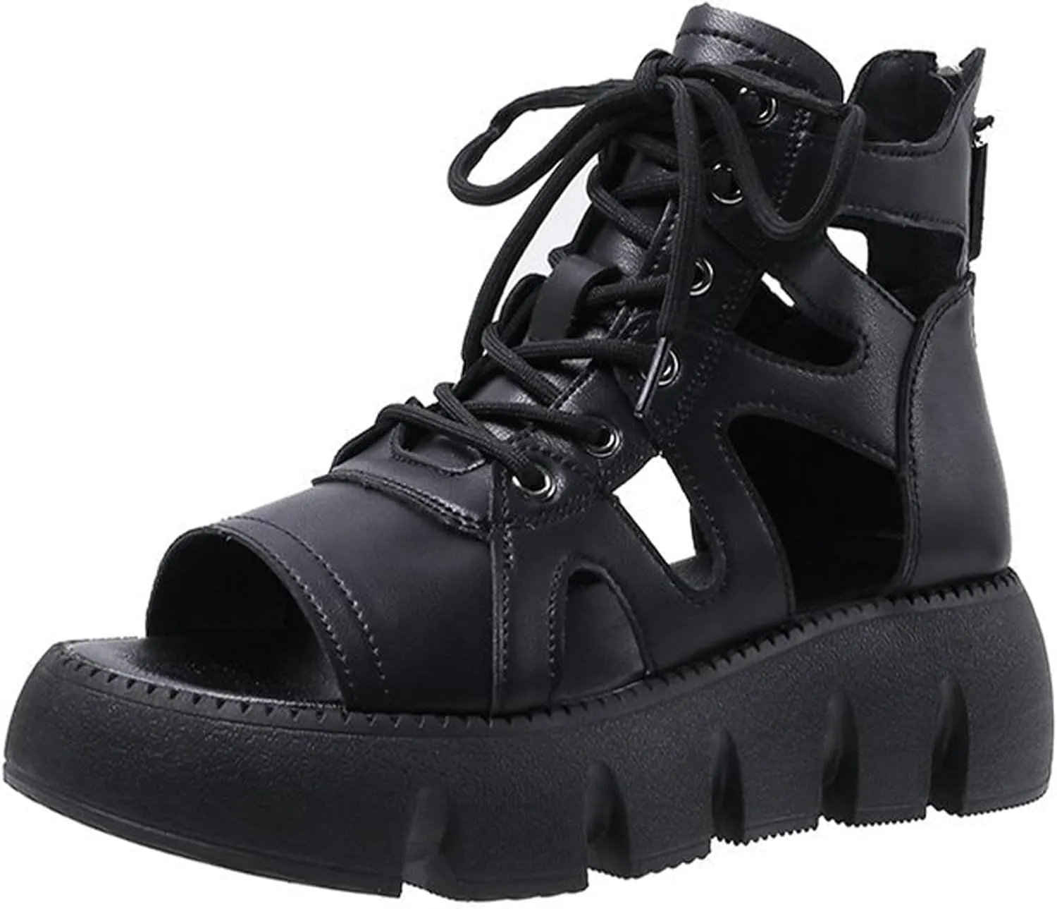 Women Fashion Leather Platform Gladiator Sandals with Back Zipper Lace Up Comfort Slip On High-Top Open Toe Cutout Boot Sandals Lug Sole Wedge Heel Roman Beach Sandals