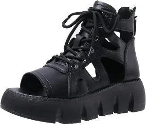 Women Fashion Leather Platform Gladiator Sandals with Back Zipper Lace Up Comfort Slip On High-Top Open Toe Cutout Boot Sandals Lug Sole Wedge Heel Roman Beach Sandals