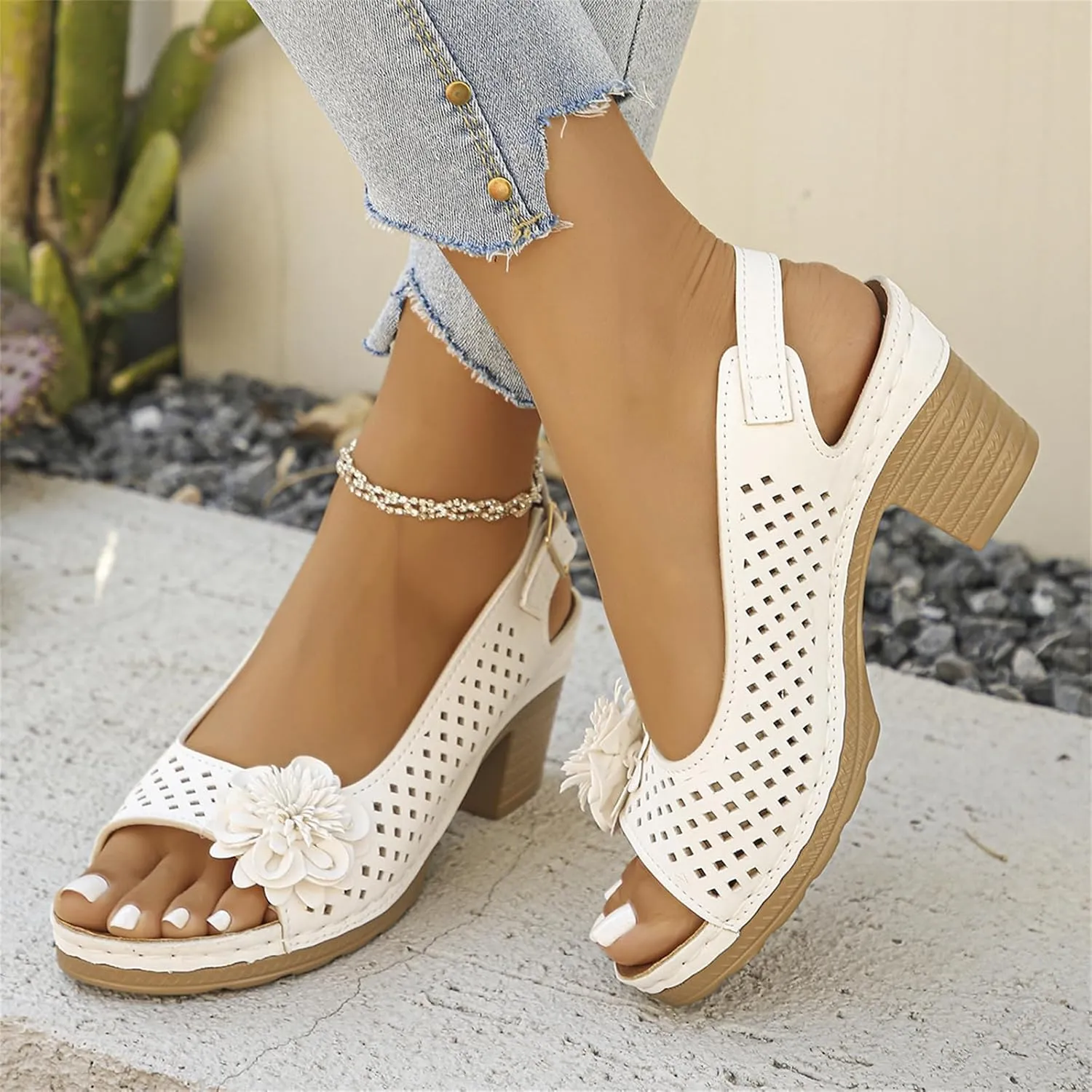 Women Flower Chunky Heel Sandals Open Toe Ankle Strap Platform Block High Heels Wedding Party Dressy Floral Heeled Sandals