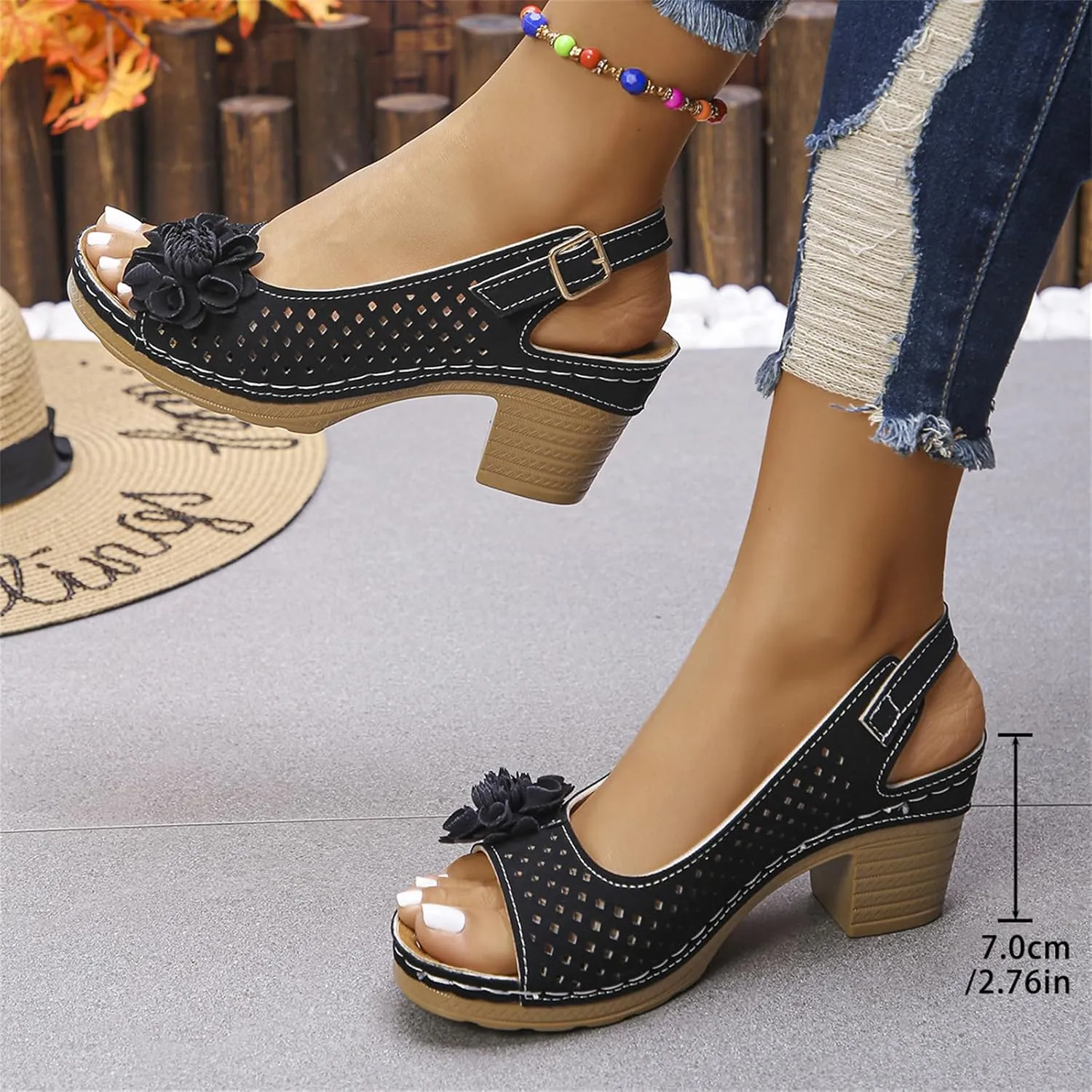 Women Flower Chunky Heel Sandals Open Toe Ankle Strap Platform Block High Heels Wedding Party Dressy Floral Heeled Sandals