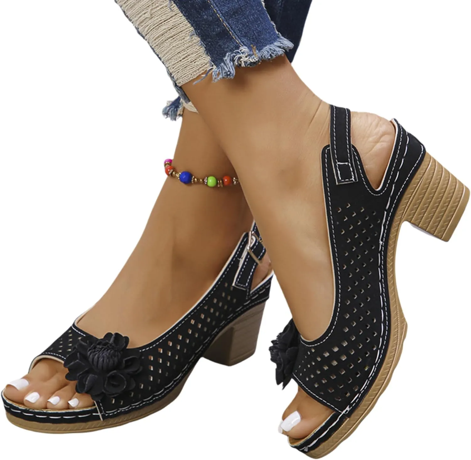 Women Flower Chunky Heel Sandals Open Toe Ankle Strap Platform Block High Heels Wedding Party Dressy Floral Heeled Sandals