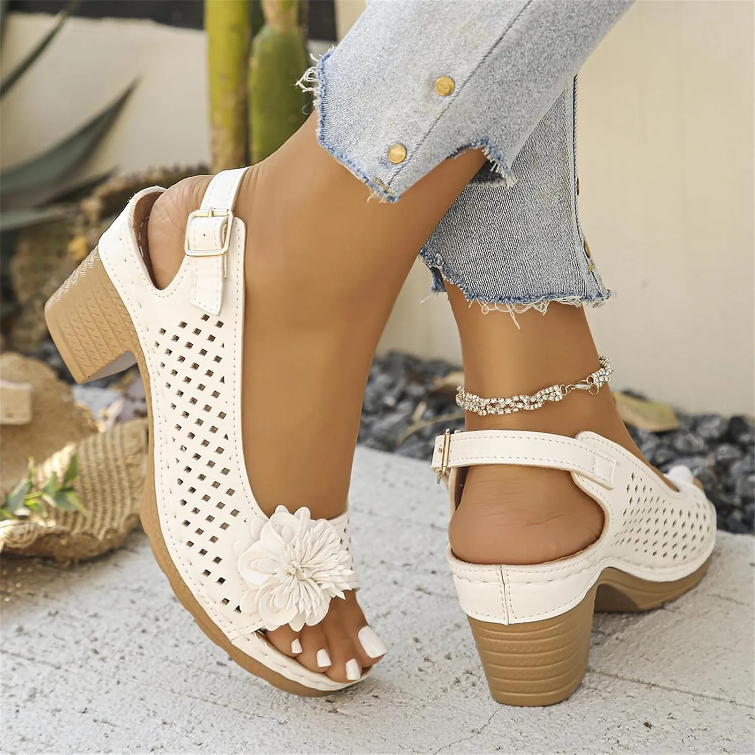 Women Flower Chunky Heel Sandals Open Toe Ankle Strap Platform Block High Heels Wedding Party Dressy Floral Heeled Sandals