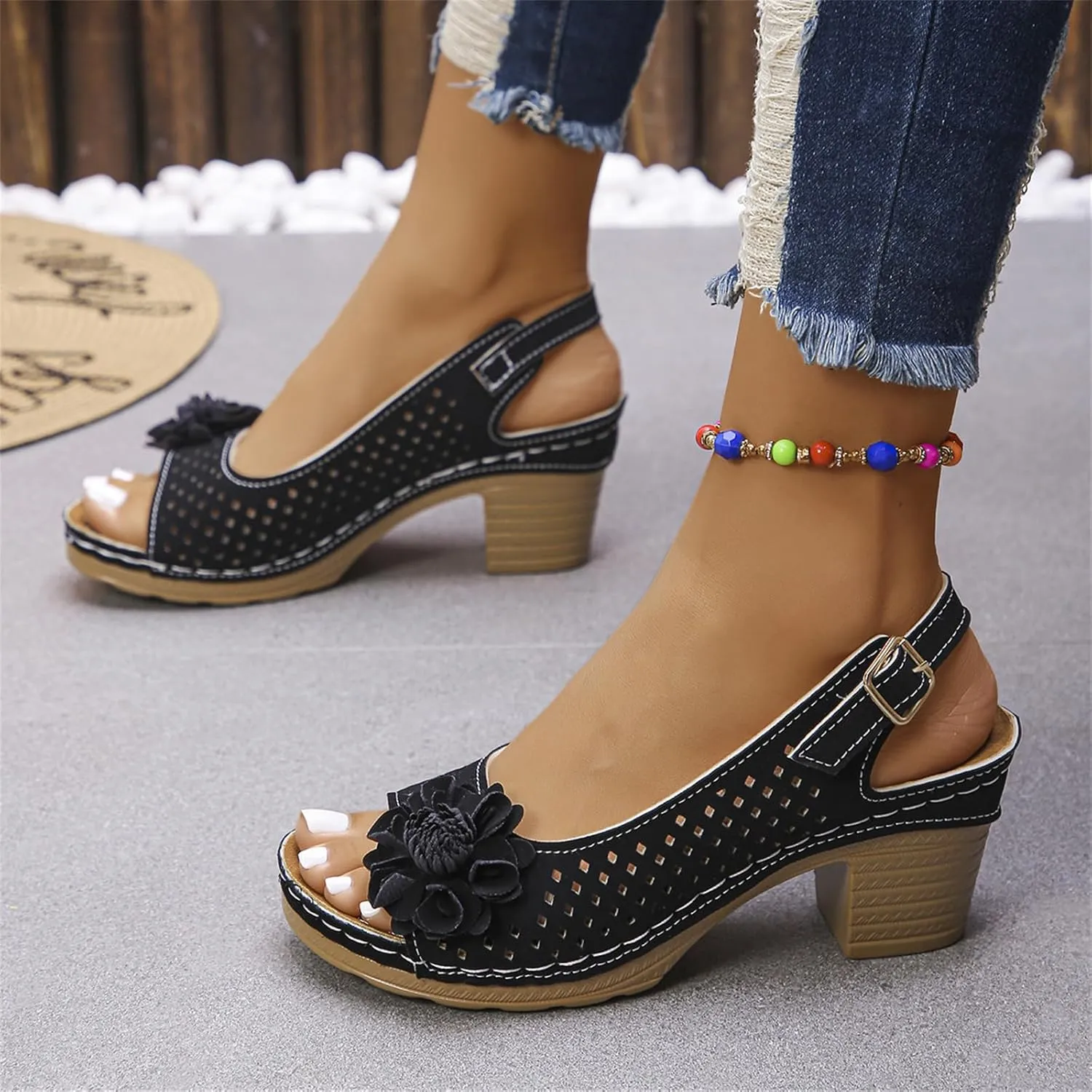Women Flower Chunky Heel Sandals Open Toe Ankle Strap Platform Block High Heels Wedding Party Dressy Floral Heeled Sandals
