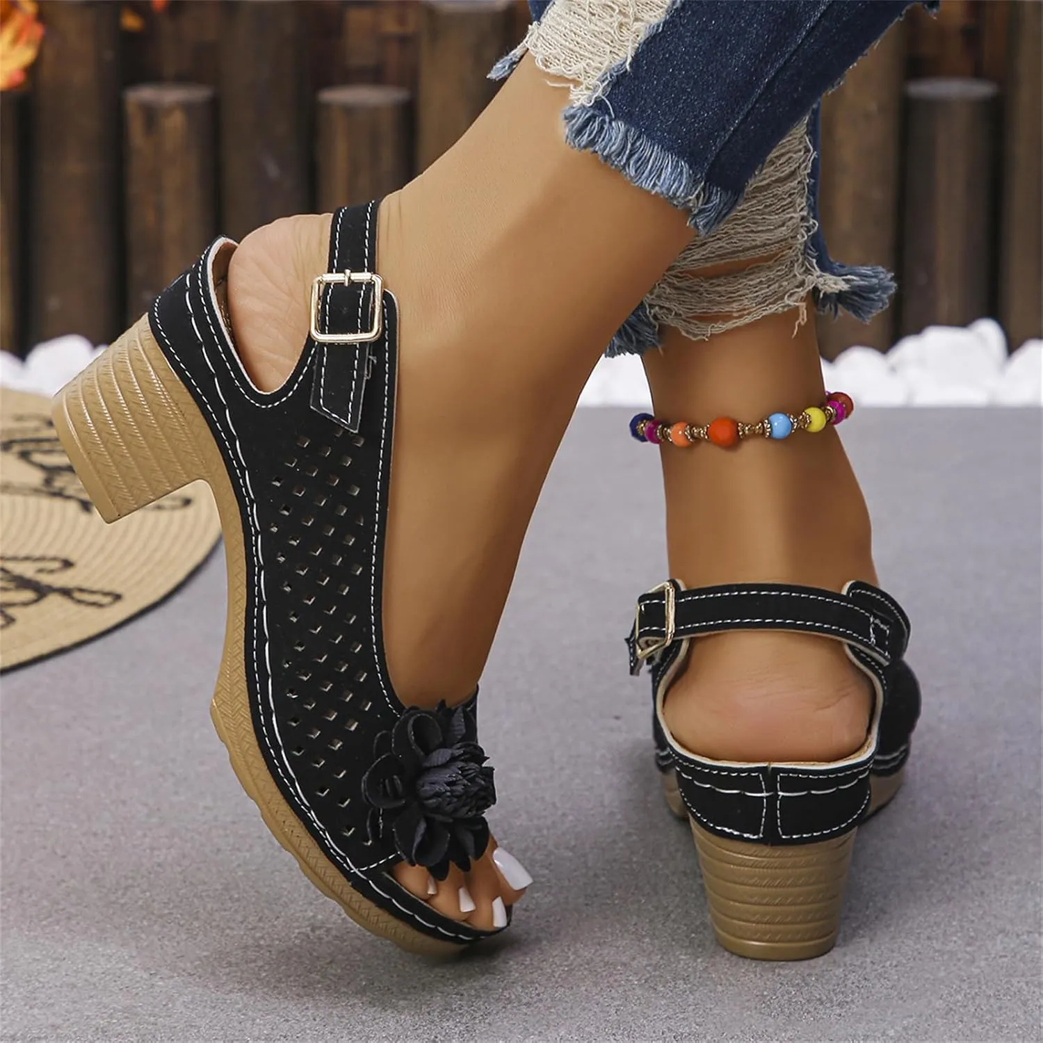 Women Flower Chunky Heel Sandals Open Toe Ankle Strap Platform Block High Heels Wedding Party Dressy Floral Heeled Sandals