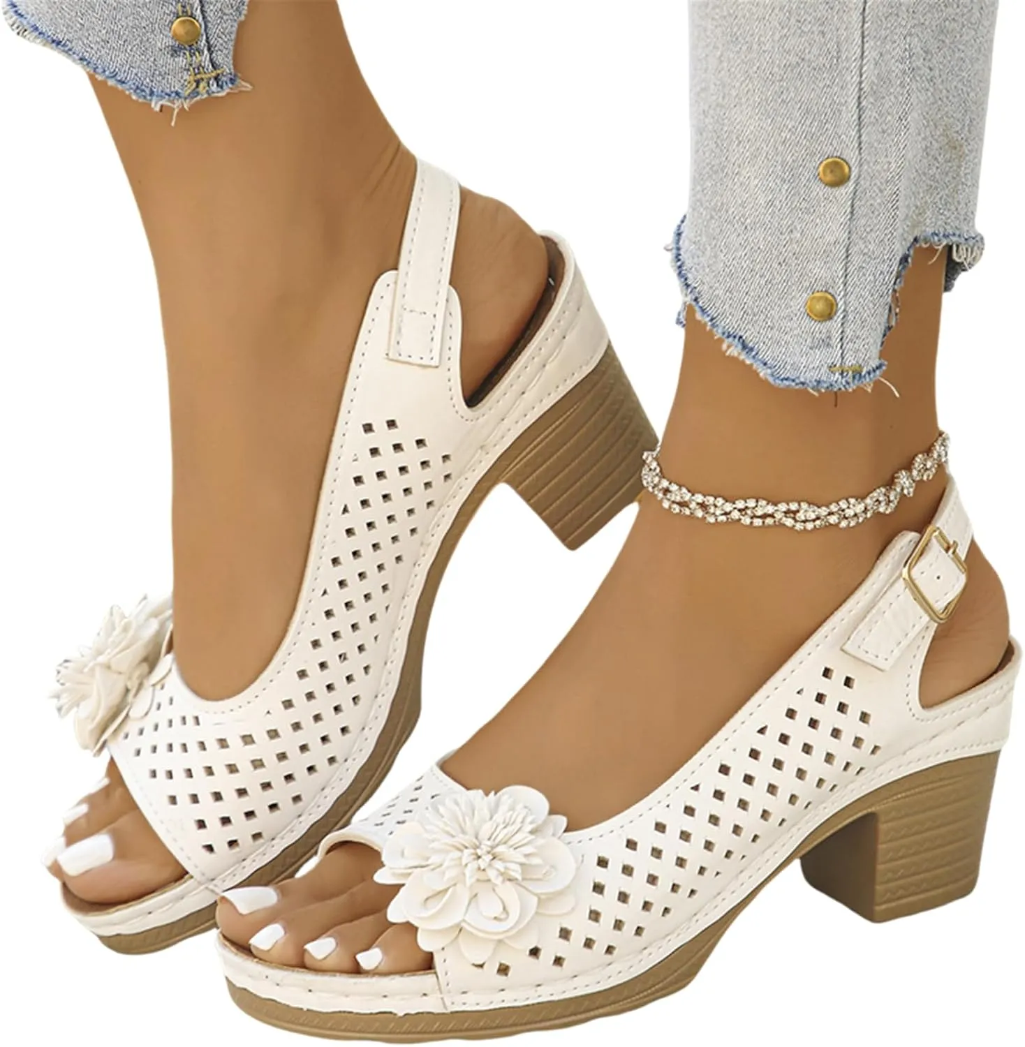 Women Flower Chunky Heel Sandals Open Toe Ankle Strap Platform Block High Heels Wedding Party Dressy Floral Heeled Sandals