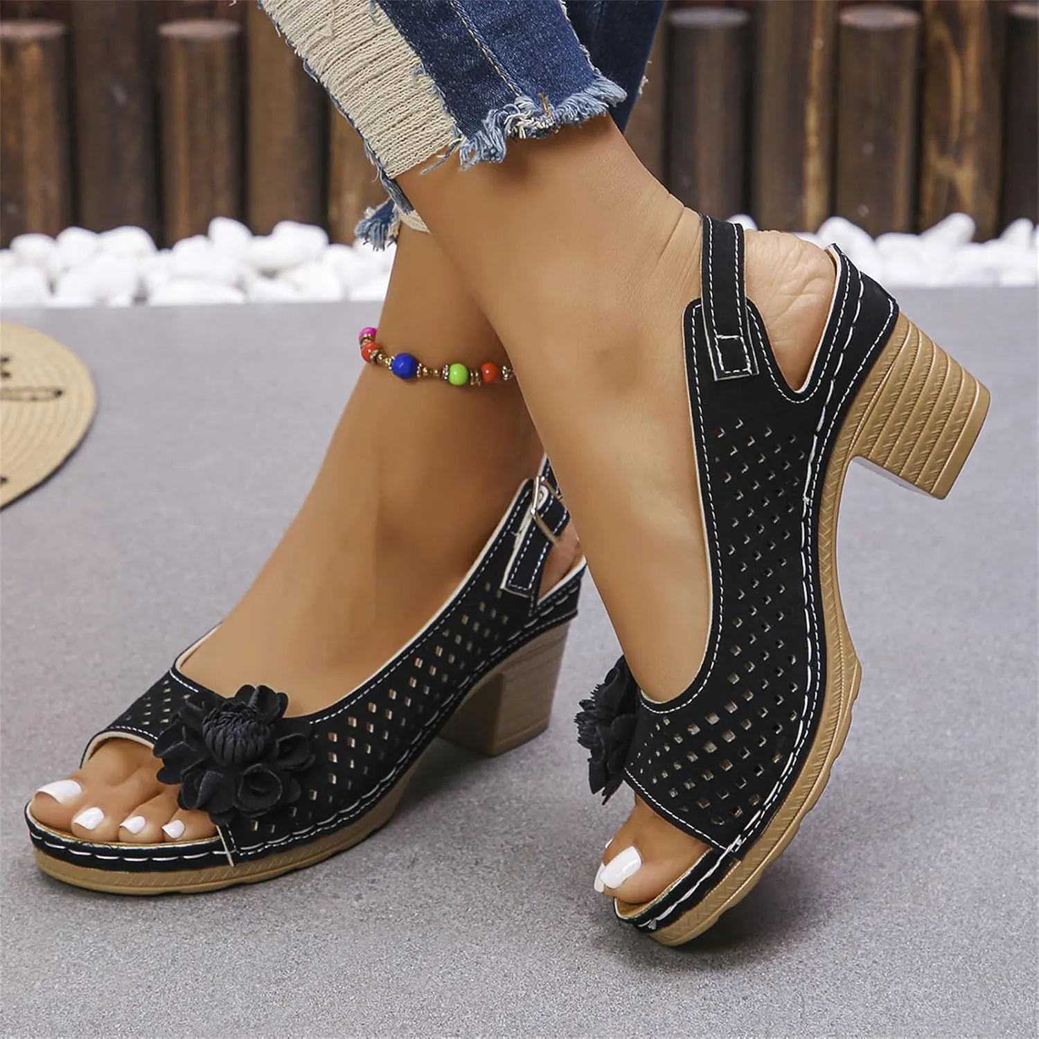 Women Flower Chunky Heel Sandals Open Toe Ankle Strap Platform Block High Heels Wedding Party Dressy Floral Heeled Sandals