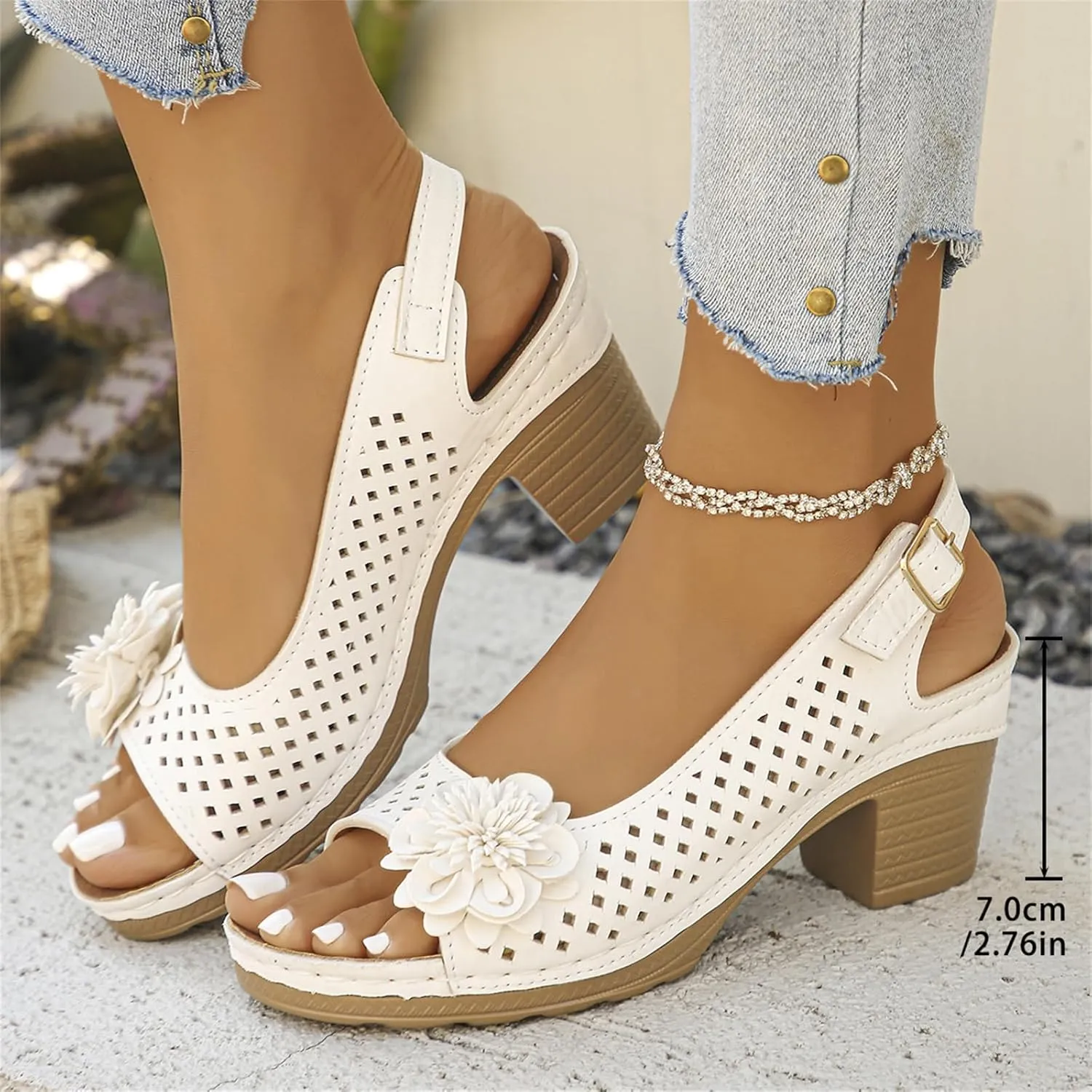 Women Flower Chunky Heel Sandals Open Toe Ankle Strap Platform Block High Heels Wedding Party Dressy Floral Heeled Sandals
