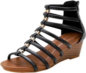 Women Gladiator Sandals Retro Wedge Heel Zipper Strappy Sandal Roman Shoes Girls Summer Flat Beach Gladiators Zip Walking Comfortable Low Open Toe Slip On Wedges Arch Support Casual Elegant