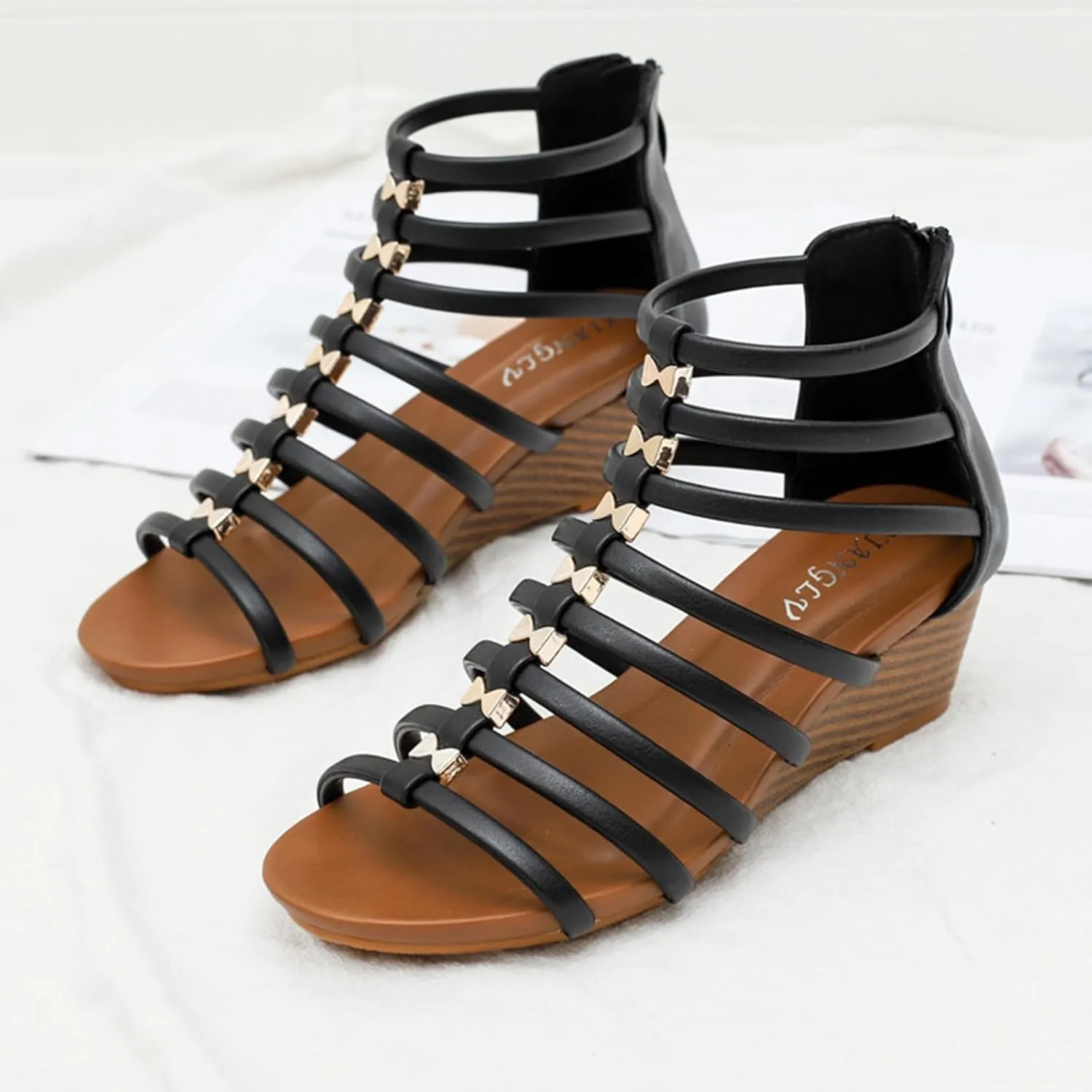 Women Gladiator Sandals Retro Wedge Heel Zipper Strappy Sandal Roman Shoes Girls Summer Flat Beach Gladiators Zip Walking Comfortable Low Open Toe Slip On Wedges Arch Support Casual Elegant