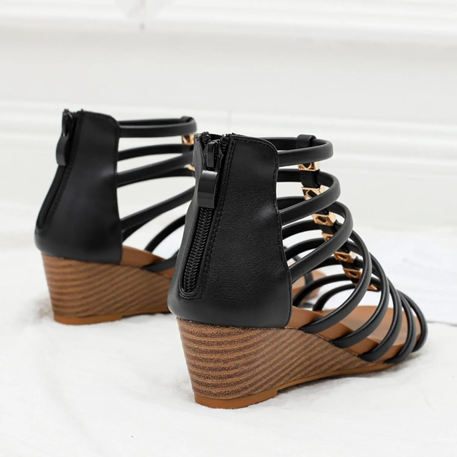 Women Gladiator Sandals Retro Wedge Heel Zipper Strappy Sandal Roman Shoes Girls Summer Flat Beach Gladiators Zip Walking Comfortable Low Open Toe Slip On Wedges Arch Support Casual Elegant