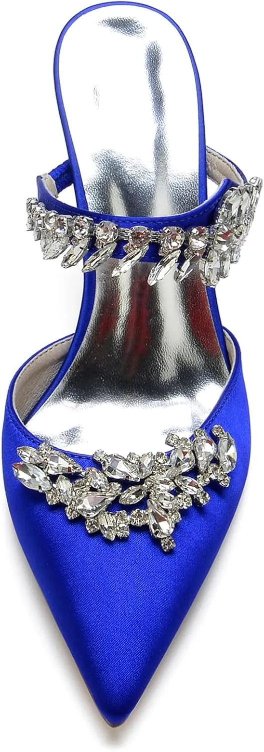 Women Heeled Mules Rhinestone Strappy Pointed Toe Summer Sandals Stiletto Heels Slip-On Wedding Dress Shoes Pumps