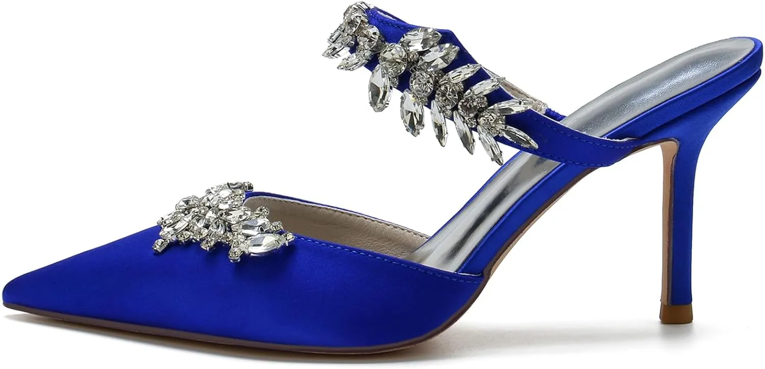 Women Heeled Mules Rhinestone Strappy Pointed Toe Summer Sandals Stiletto Heels Slip-On Wedding Dress Shoes Pumps