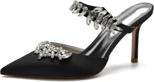 Women Heeled Mules Rhinestone Strappy Pointed Toe Summer Sandals Stiletto Heels Slip-On Wedding Dress Shoes Pumps