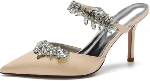 Women Heeled Mules Rhinestone Strappy Pointed Toe Summer Sandals Stiletto Heels Slip-On Wedding Dress Shoes Pumps