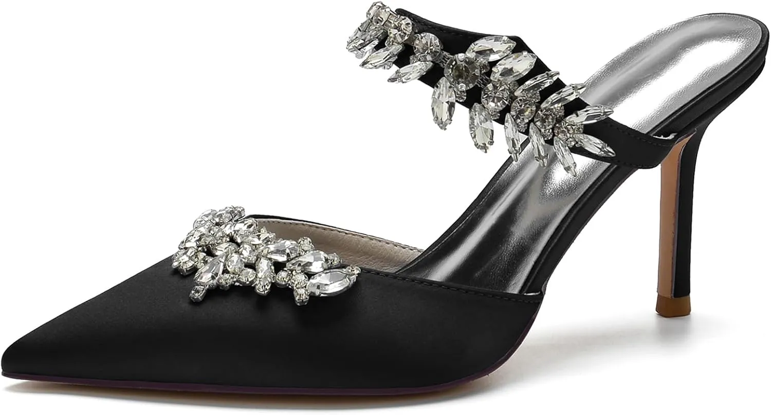 Women Heeled Mules Rhinestone Strappy Pointed Toe Summer Sandals Stiletto Heels Slip-On Wedding Dress Shoes Pumps
