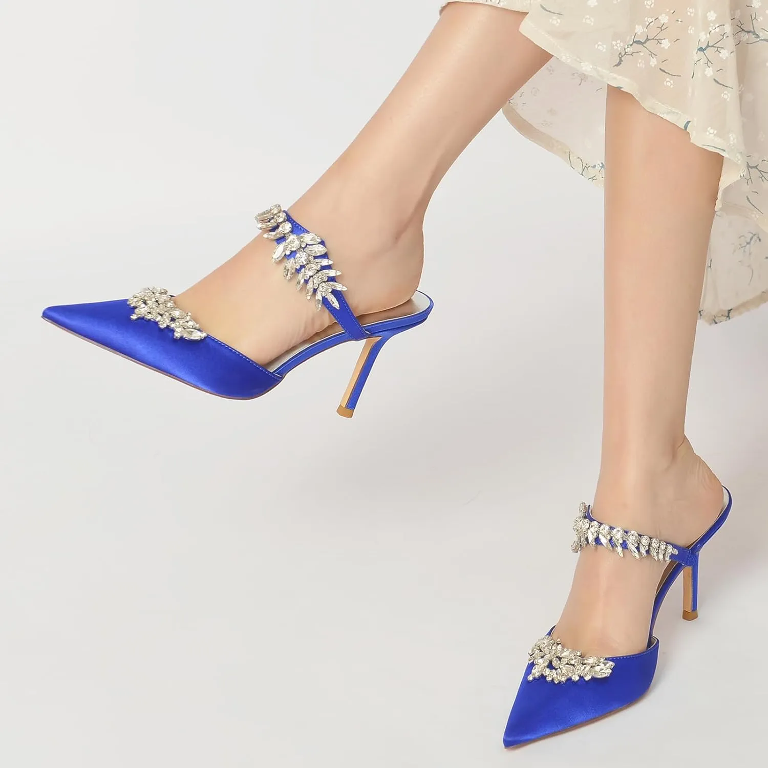 Women Heeled Mules Rhinestone Strappy Pointed Toe Summer Sandals Stiletto Heels Slip-On Wedding Dress Shoes Pumps