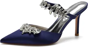 Women Heeled Mules Rhinestone Strappy Pointed Toe Summer Sandals Stiletto Heels Slip-On Wedding Dress Shoes Pumps