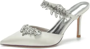 Women Heeled Mules Rhinestone Strappy Pointed Toe Summer Sandals Stiletto Heels Slip-On Wedding Dress Shoes Pumps