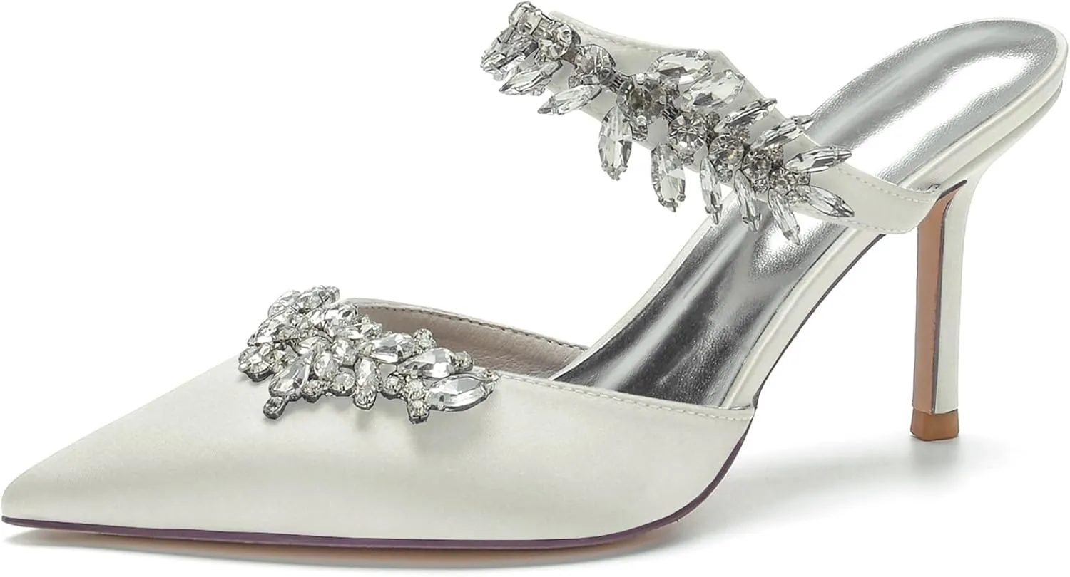 Women Heeled Mules Rhinestone Strappy Pointed Toe Summer Sandals Stiletto Heels Slip-On Wedding Dress Shoes Pumps
