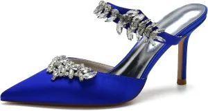 Women Heeled Mules Rhinestone Strappy Pointed Toe Summer Sandals Stiletto Heels Slip-On Wedding Dress Shoes Pumps
