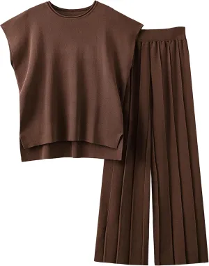 Women Knit 2 Piece Sweater Sets Pullover Tops High Waist Wide Leg Pants Lounge Set