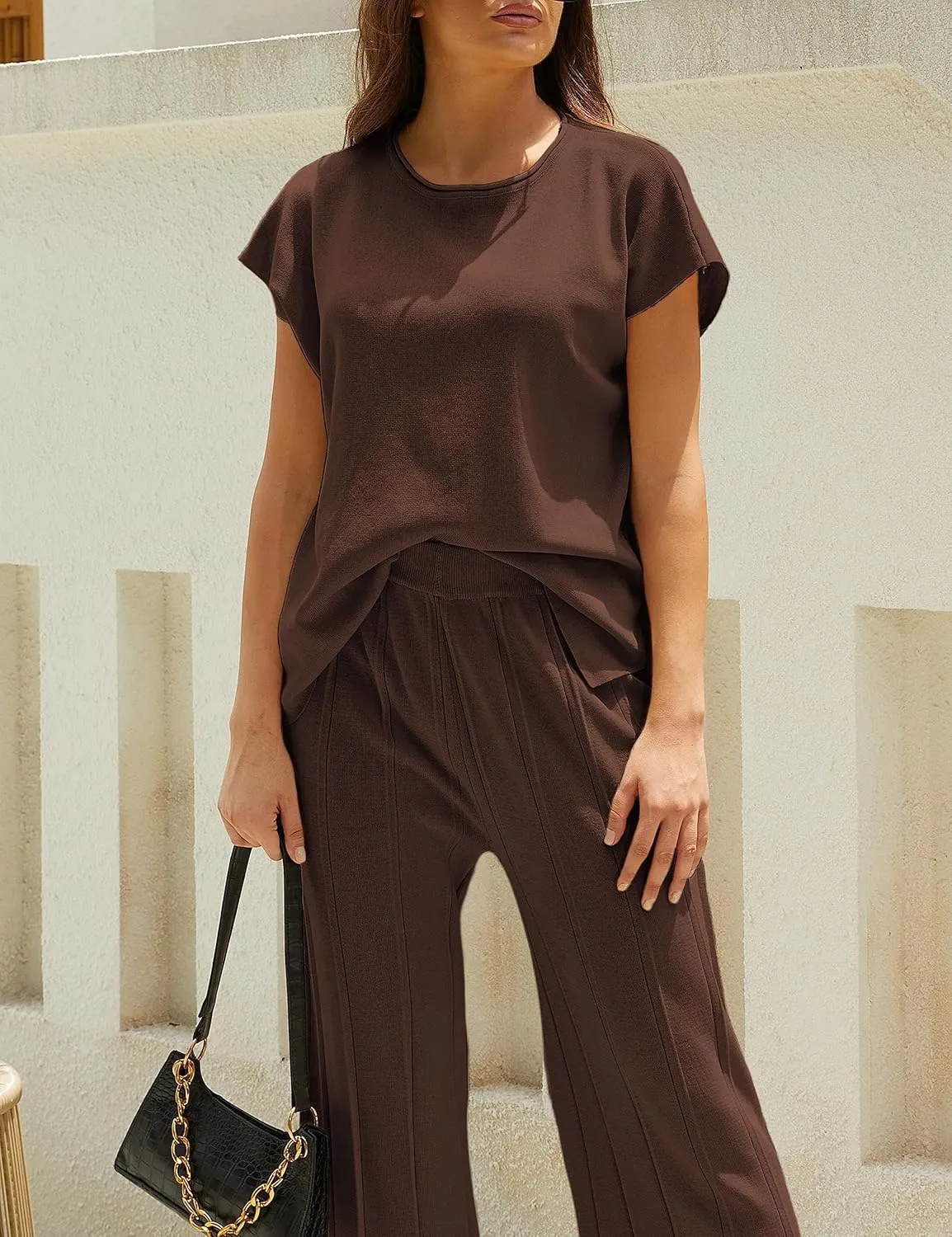 Women Knit 2 Piece Sweater Sets Pullover Tops High Waist Wide Leg Pants Lounge Set