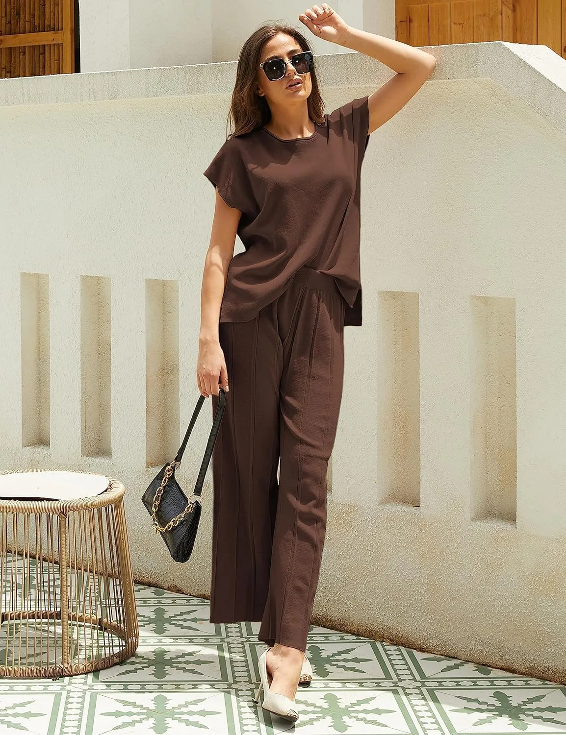 Women Knit 2 Piece Sweater Sets Pullover Tops High Waist Wide Leg Pants Lounge Set