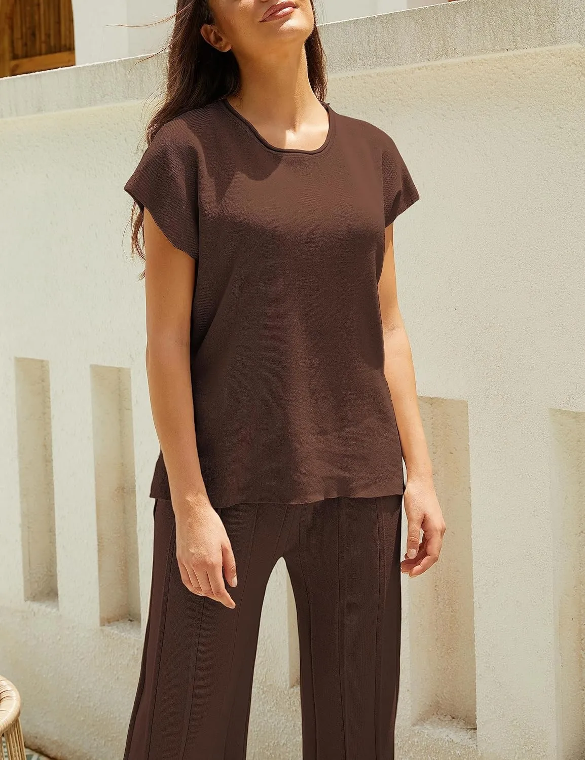 Women Knit 2 Piece Sweater Sets Pullover Tops High Waist Wide Leg Pants Lounge Set