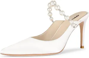 Women Pointy Toe Slip on Satin Mules Pearl Beaded Stiletto High Heel Slide Sandals Dainty Party Club Date Shoes Size 4-16 US