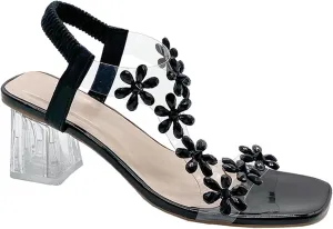 Women Rhinestone Flower Clear Block Heel Sandals,Fashion Elastic Ankle Strap Chunky High Heel Open Toe Sexy Elegant Dress Shoes Womens Flower Rhinestone Block Heel Sandals