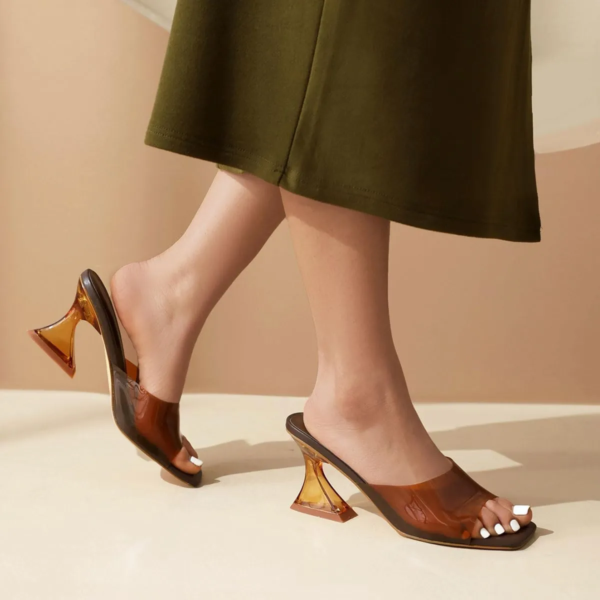 Women Sexy Clear Kitten Heels Sandals Transparent Square Open Toe Slipper Dress Shoes