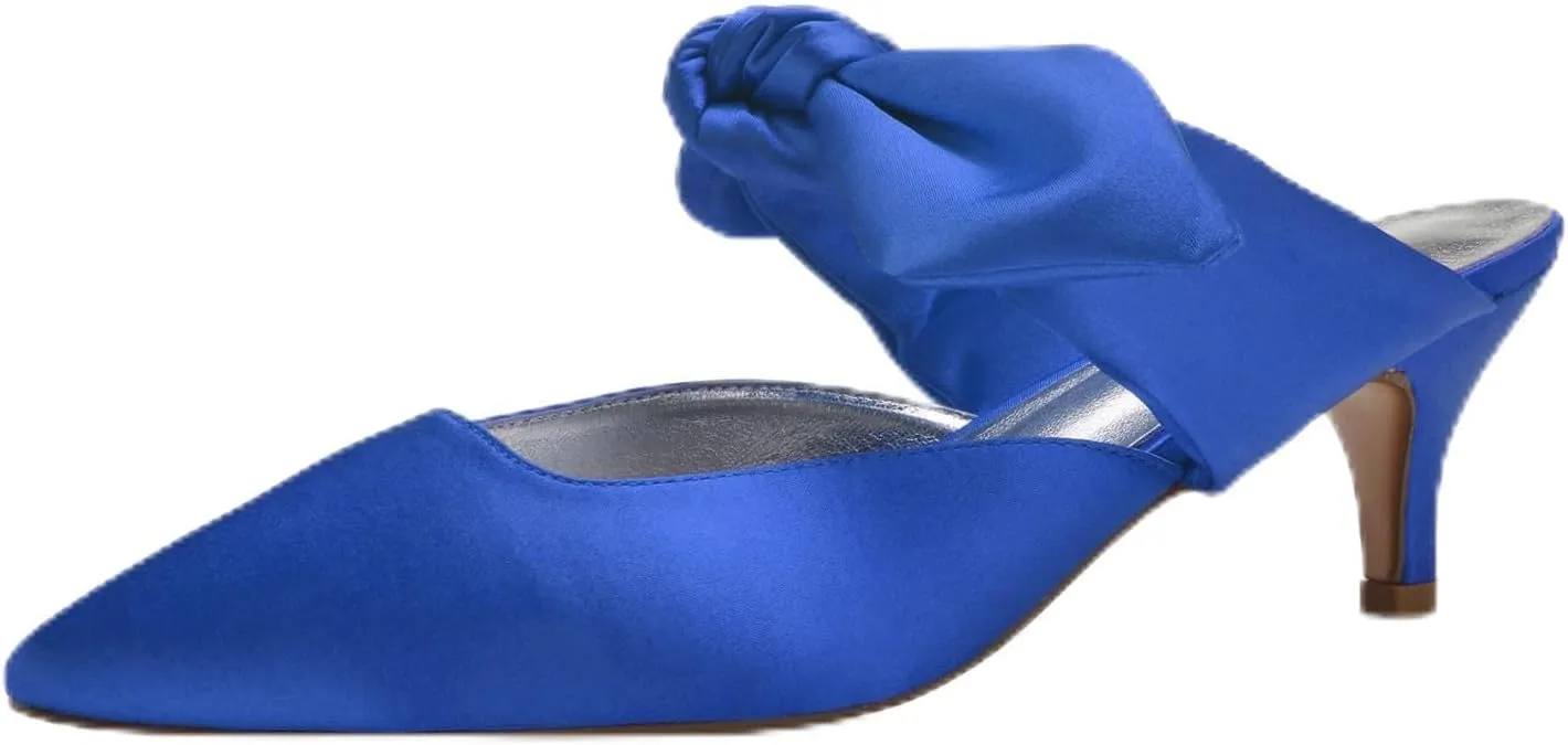 Women Wedding High Heels Satin Closed Toe Ribbon Tie Ballet Pumps Pointed Toe Wedding Bridal Party Dress Pumps Heeled Mules Strappy Slip on Dressy Wedding Bridal Sandals