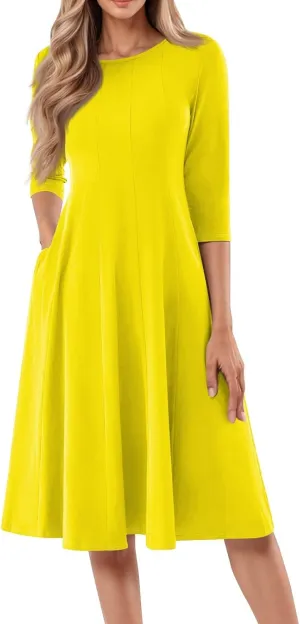 Womens 2025 Trendy Dresses Crew Neck 3/4 Sleeve A Line Loose Casual Midi Dress with Pockets