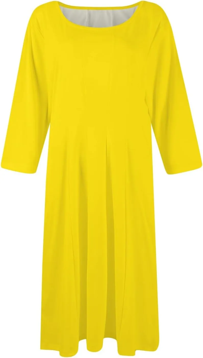 Womens 2025 Trendy Dresses Crew Neck 3/4 Sleeve A Line Loose Casual Midi Dress with Pockets