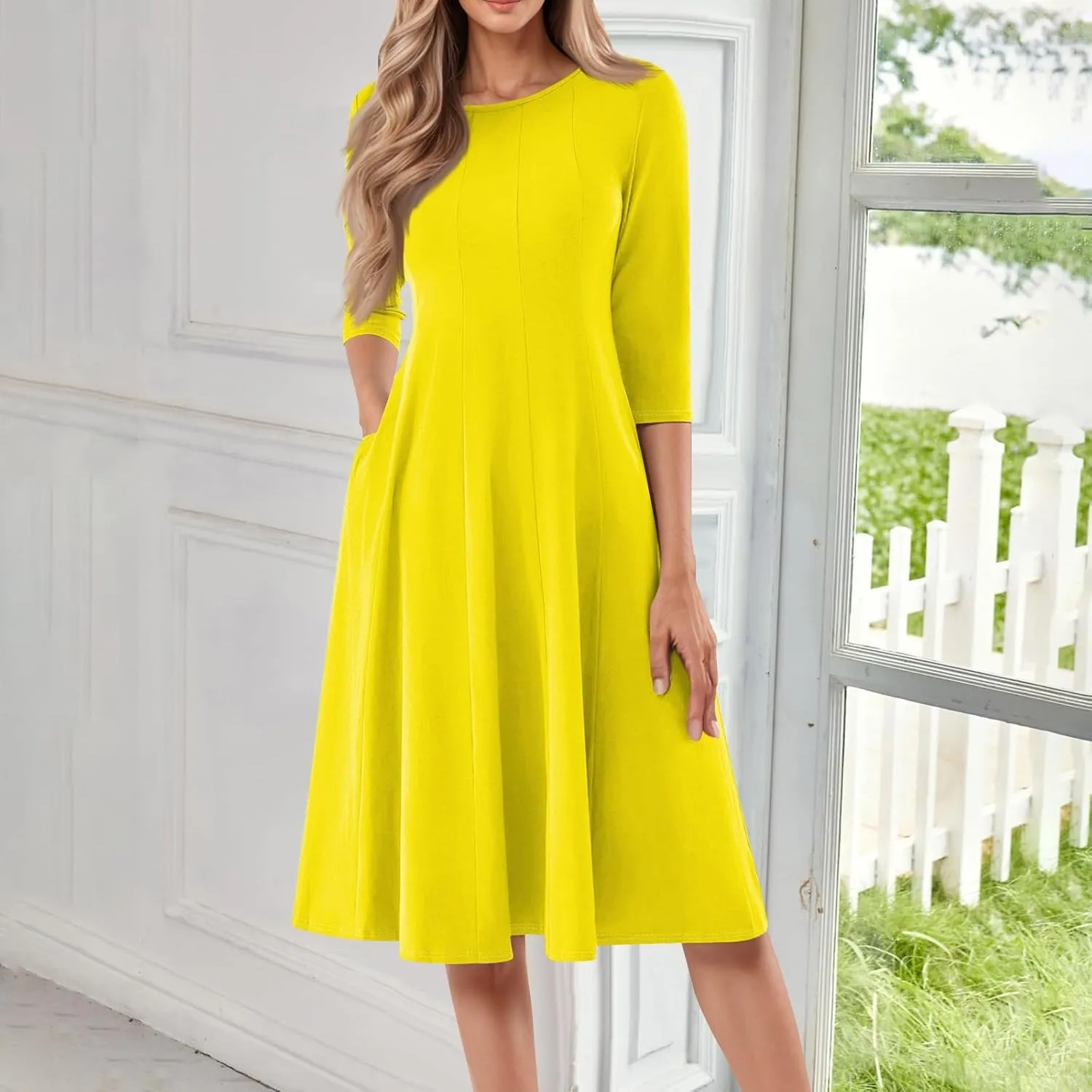 Womens 2025 Trendy Dresses Crew Neck 3/4 Sleeve A Line Loose Casual Midi Dress with Pockets