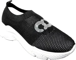Women's Black Stretch Fabric Fashion Summer Sneakers with Rhinestone Detail