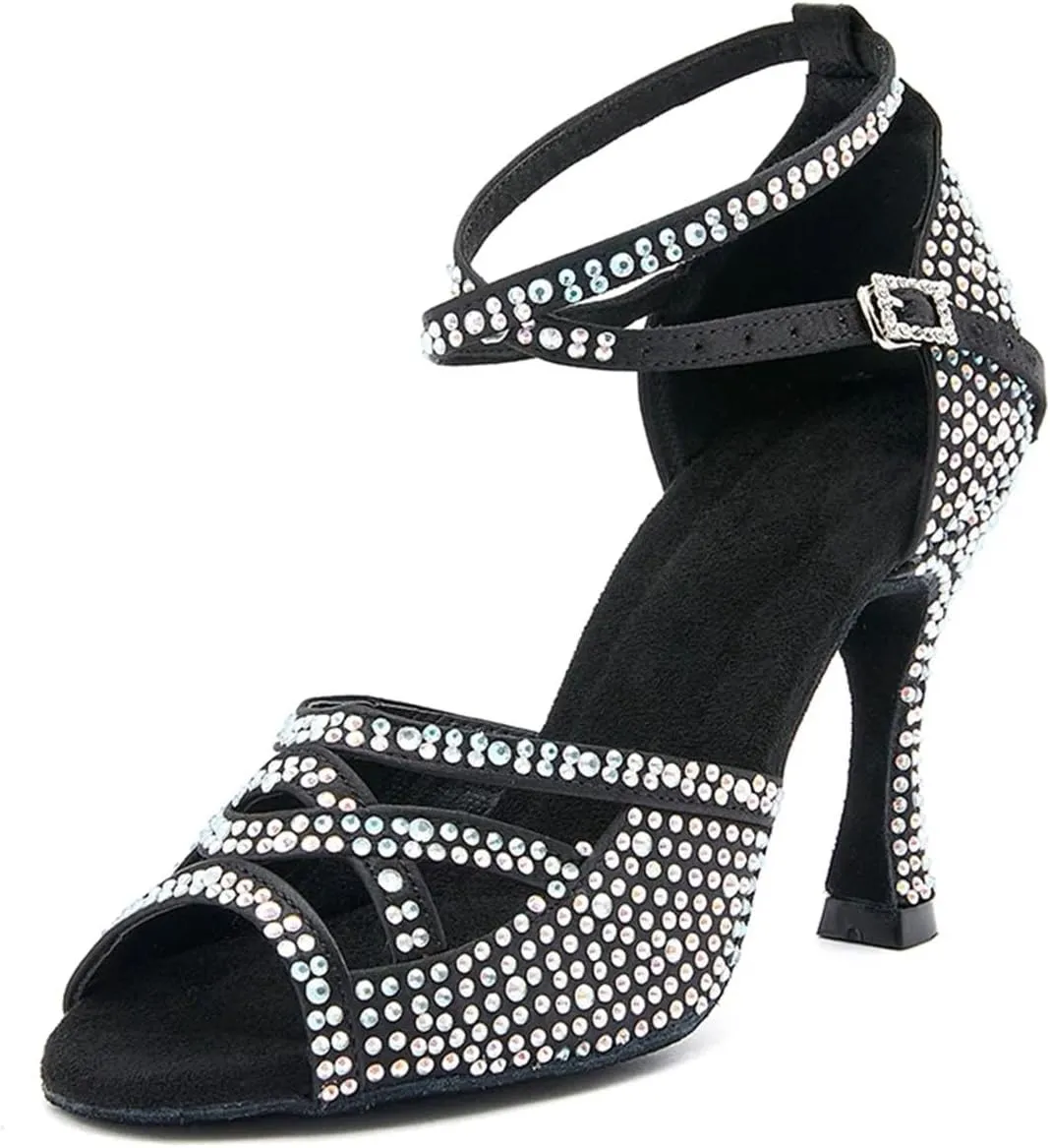 Women's Black Velvet Crystal Sandals - Classic Rhinestone Heels for Evening Parties (7.5cm/2.95 inches)