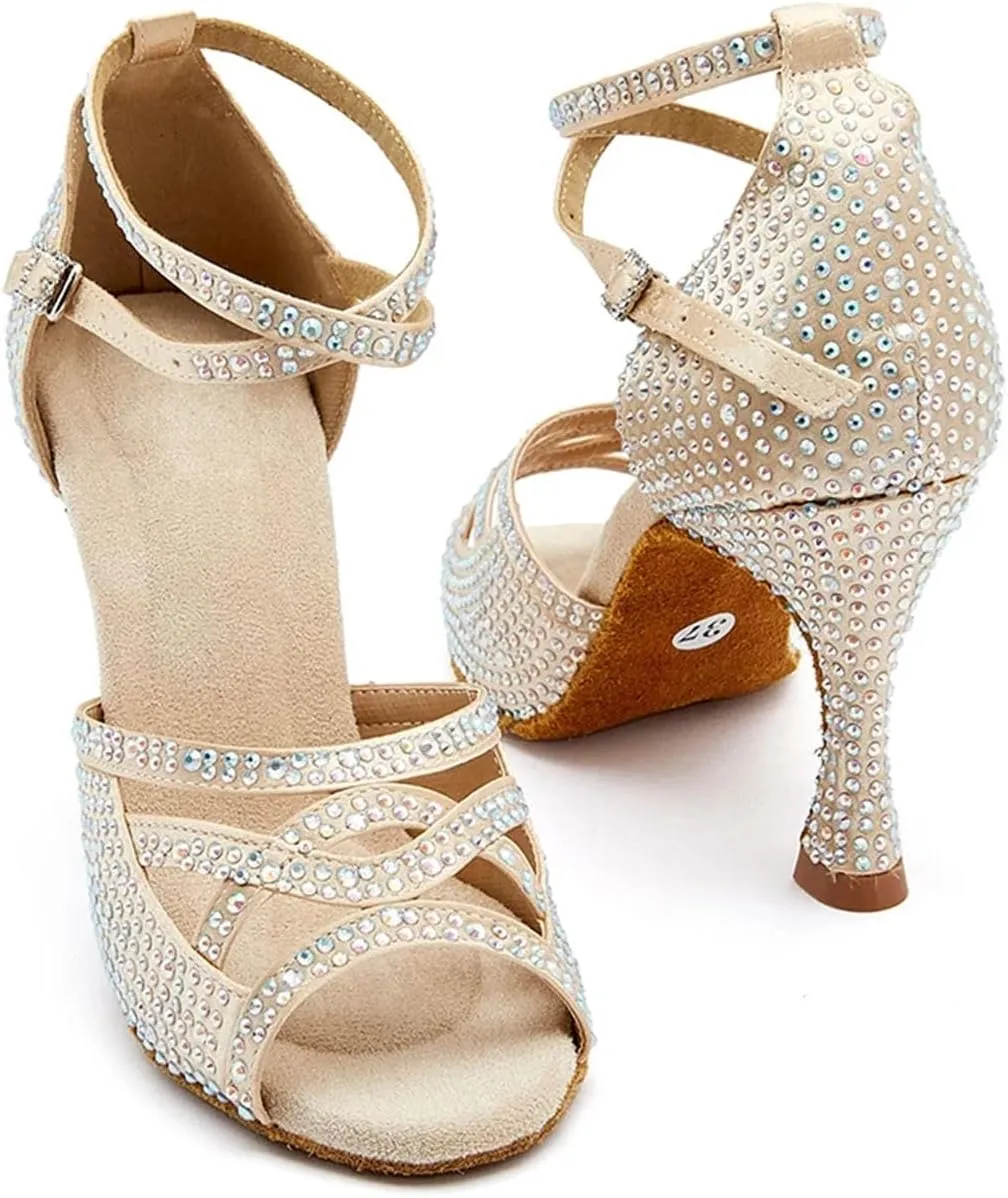 Women's Black Velvet Crystal Sandals - Classic Rhinestone Heels for Evening Parties (7.5cm/2.95 inches)