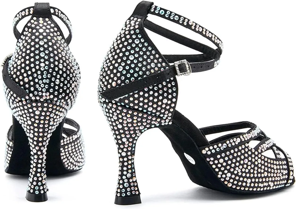 Women's Black Velvet Crystal Sandals - Classic Rhinestone Heels for Evening Parties (7.5cm/2.95 inches)