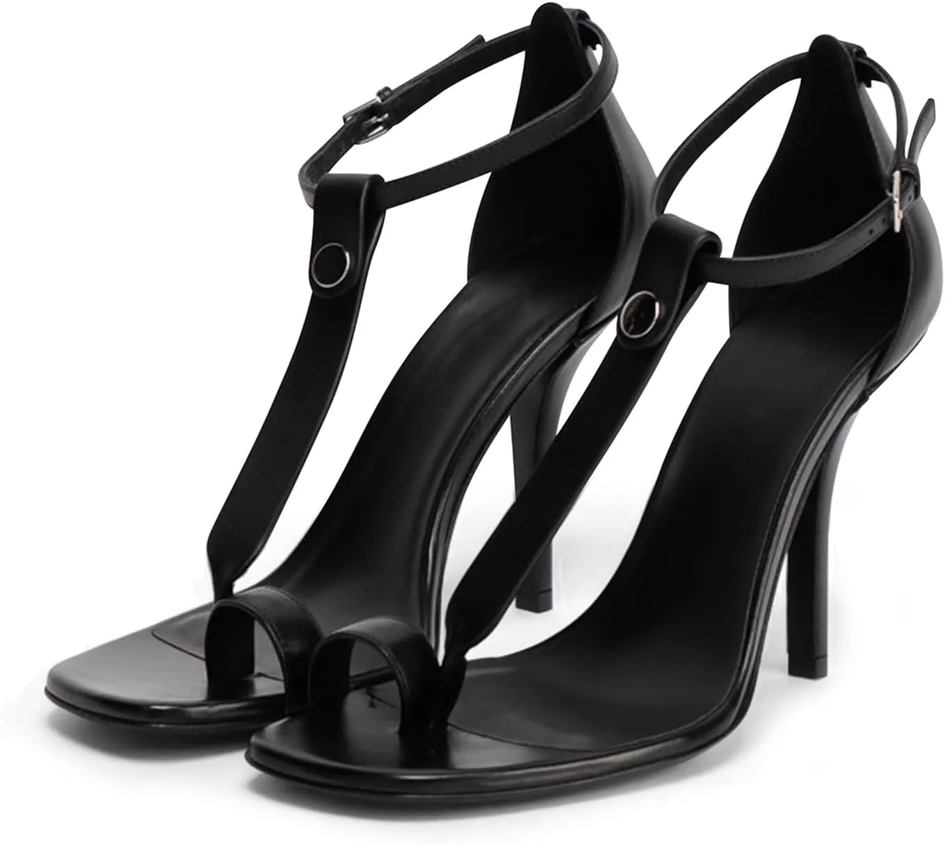 Women's Black/Nude Stiletto Heels Open Square Toe Flip Flop High Heels T-Strap Ankle Buckle Summer Party Dress Sandals Ladies